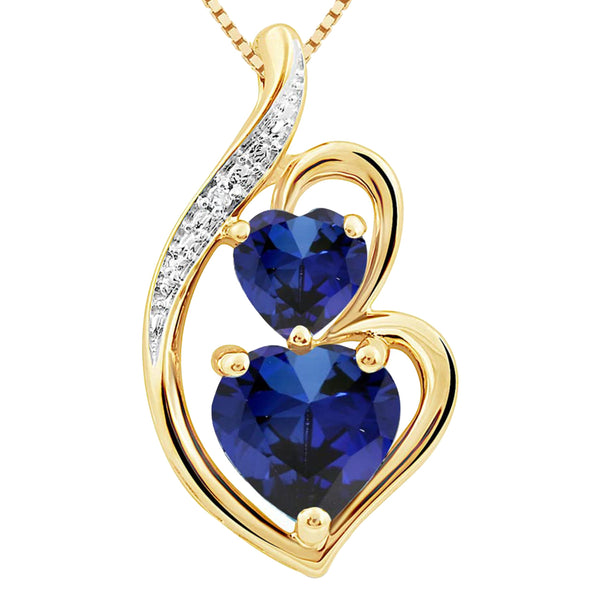 Lab Created Blue Sapphire Necklace Heart Pendant in 14k Yellow Gold Plated Sterling Silver