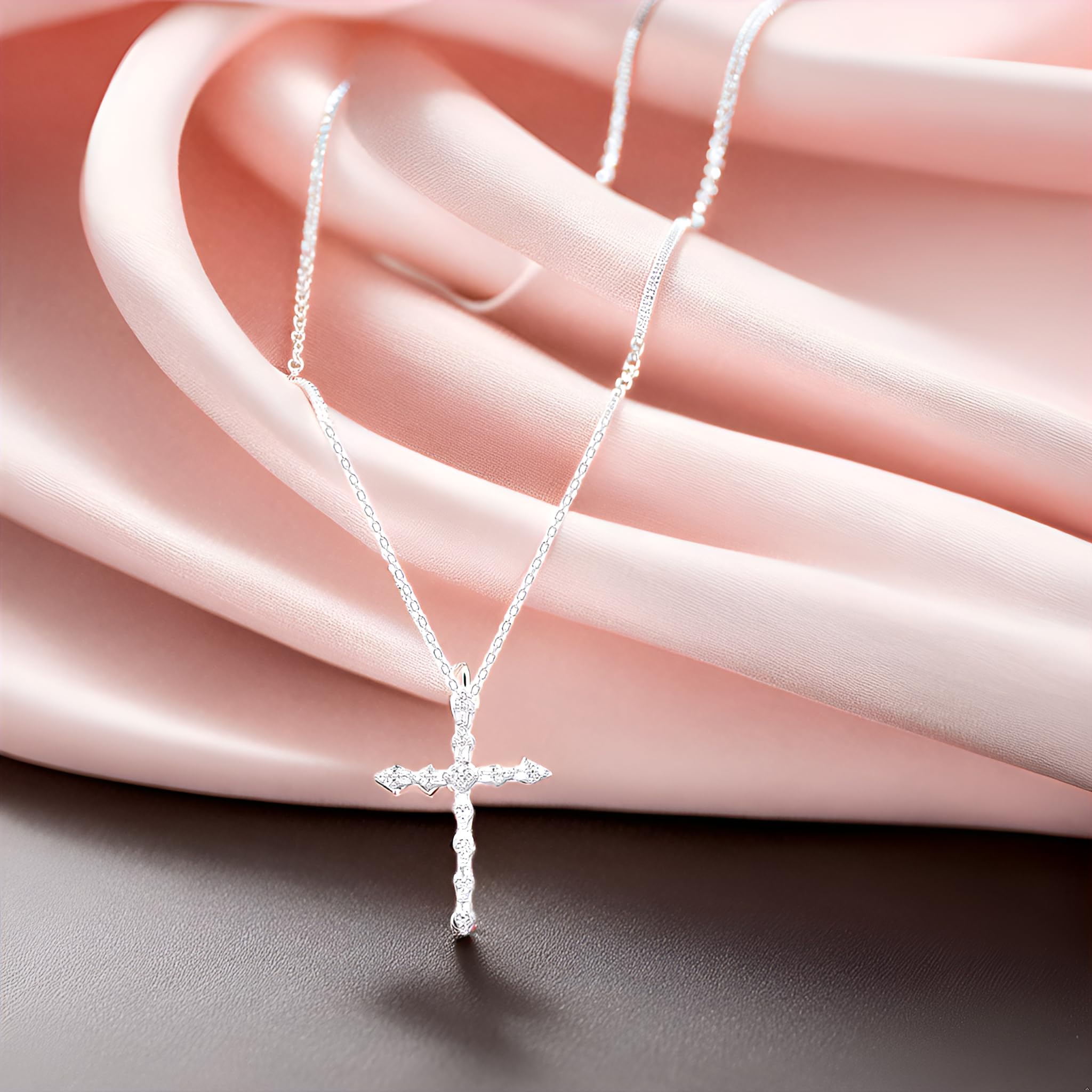 Diamond Cross Necklace 1/4 cttw Round and Baguette Natural Diamonds in Sterli...