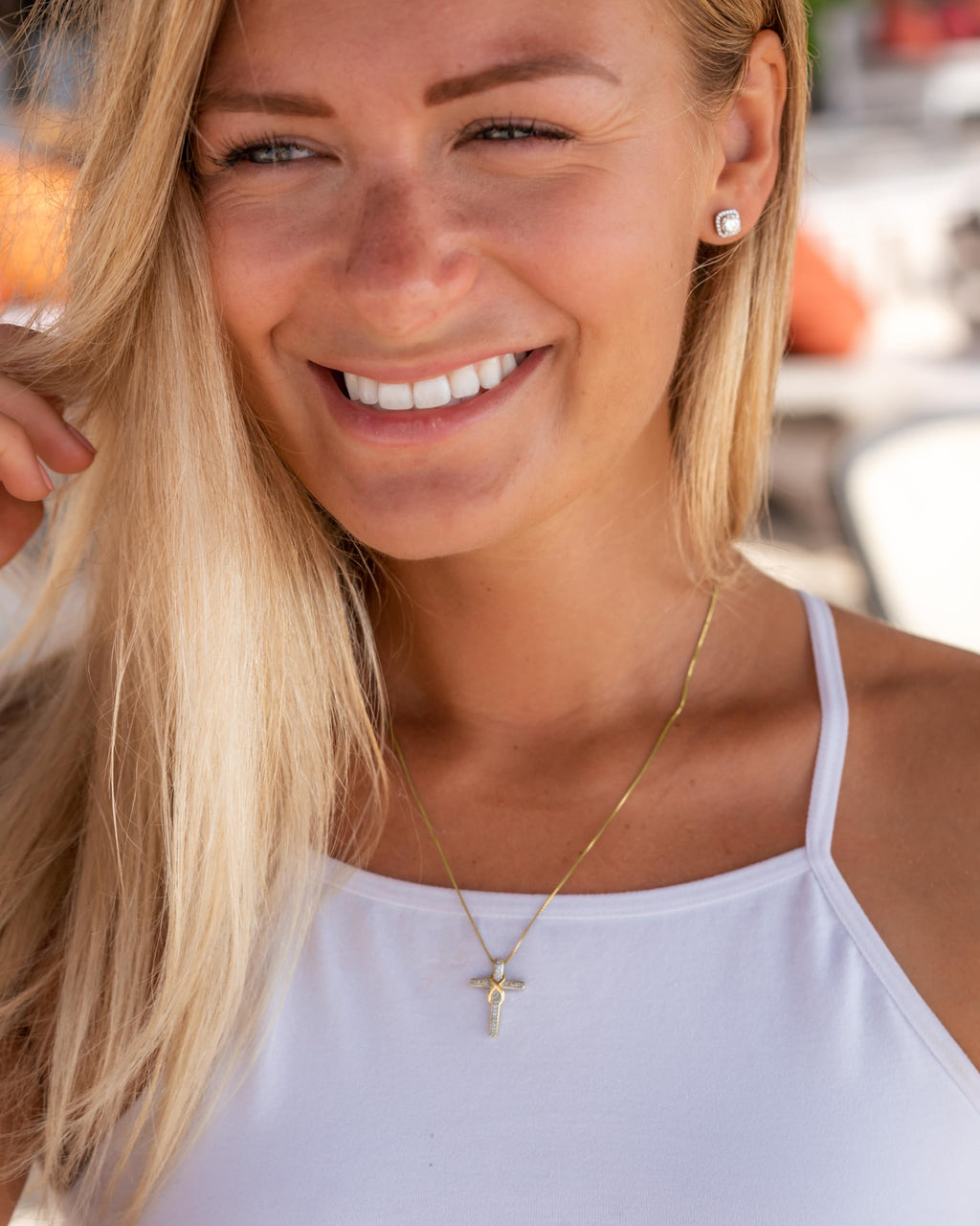 Diamond Cross Necklace Infinity in14K Yellow Gold Plated Sterling Silver - 18...
