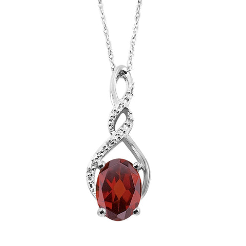 Garnet Necklace in Sterling Silver Twist Style with Diamond Accents 8x6 MM Garnet - 18 Inch Box Chain