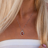 Garnet Necklace Heart in Silver Silver with Diamond Accent - 18 Inch Box Chain