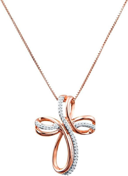 Diamond Cross Pendant Necklace 1/10 cttw in 14k Rose Gold Plated Silver 18 Inch Chain