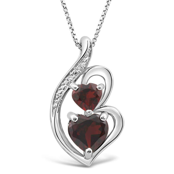 Garnet Necklace Heart in Silver Silver with Diamond Accent - 18 Inch Box Chain