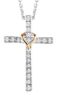 Diamond Cross Necklace 1/10 CTTW in Sterling Silver with 14kt Yellow Gold Plated Heart 18 Inch Chain