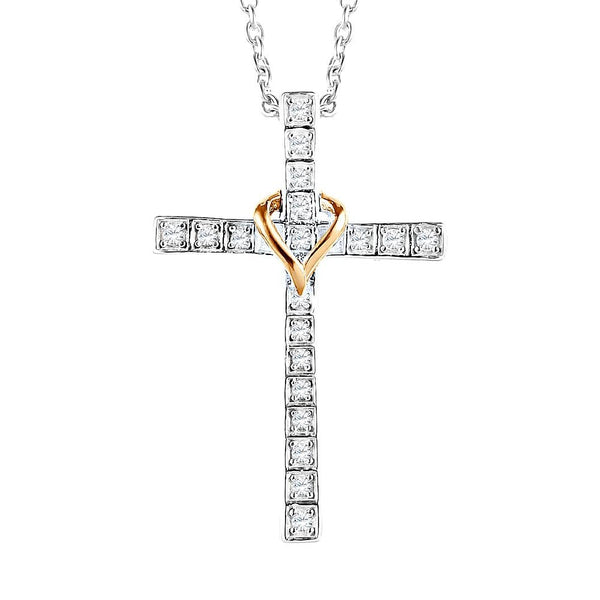 Diamond Cross Necklace 1/10 CTTW in Sterling Silver with 14kt Yellow Gold Plated Heart 18 Inch Chain