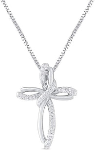 Diamond Cross Pendant Necklace 1/10 cttw in Sterling Silver- 18 Inch Box Chain