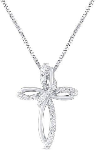 Diamond Cross Pendant Necklace 1/10 cttw in Sterling Silver- 18 Inch Box Chain