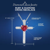 Diamond Cross Necklace with Heart Shape Created Ruby in Sterling Silver 1/20 CTTW - 18 Inch Chain