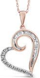 Diamond Heart Pendant Necklace in 10k Rose Gold - 1/8 CTW Round and Baguette Diamonds - 18 Inch Rope Chain